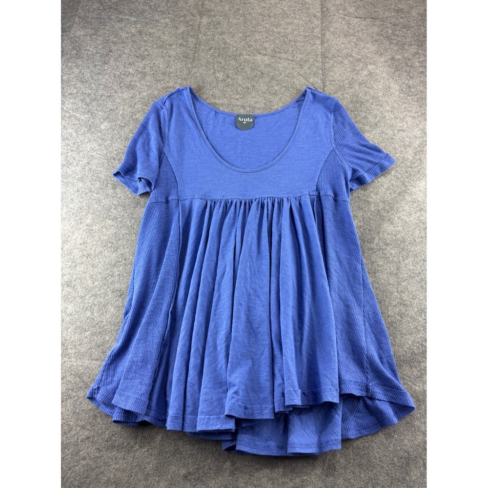 Arula Blue Flowy Ribbed Babydoll Tunic Top Scoop Neck Boho Coastal Western 0X
